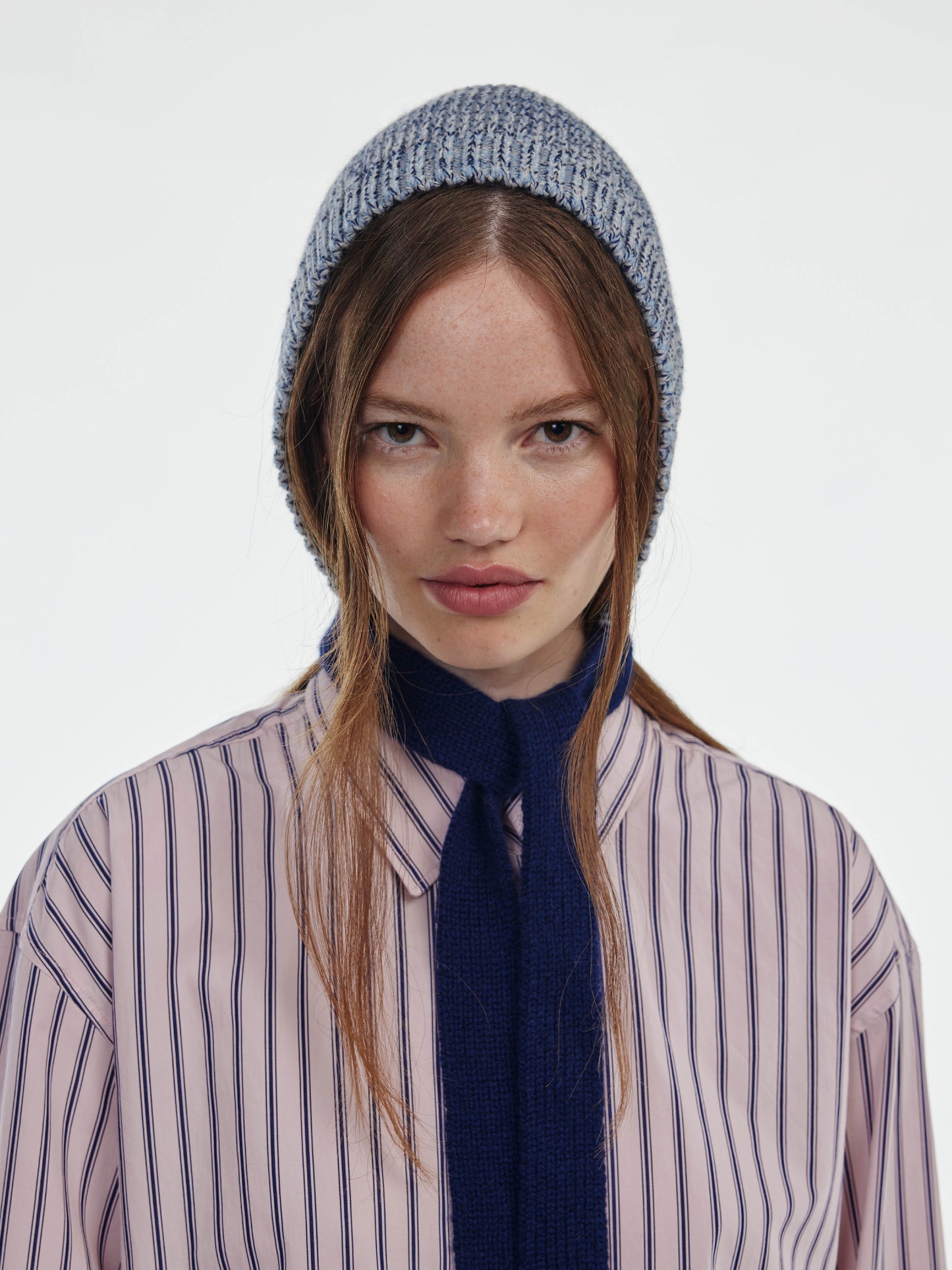 Marl Soft Wool Blocked Tied Hood - Soft Blue/Navy Marl