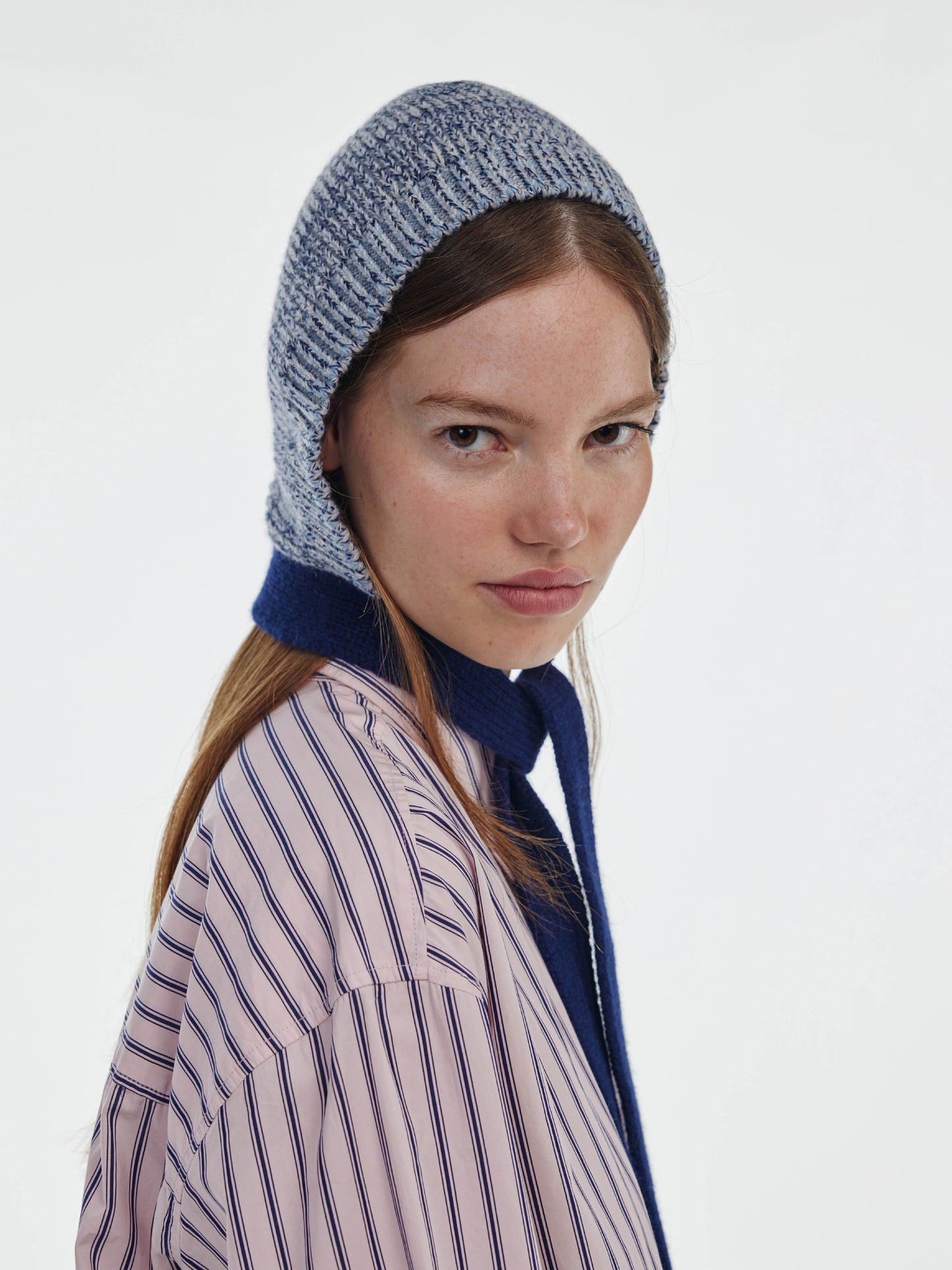 Marl Soft Wool Blocked Tied Hood - Soft Blue/Navy Marl