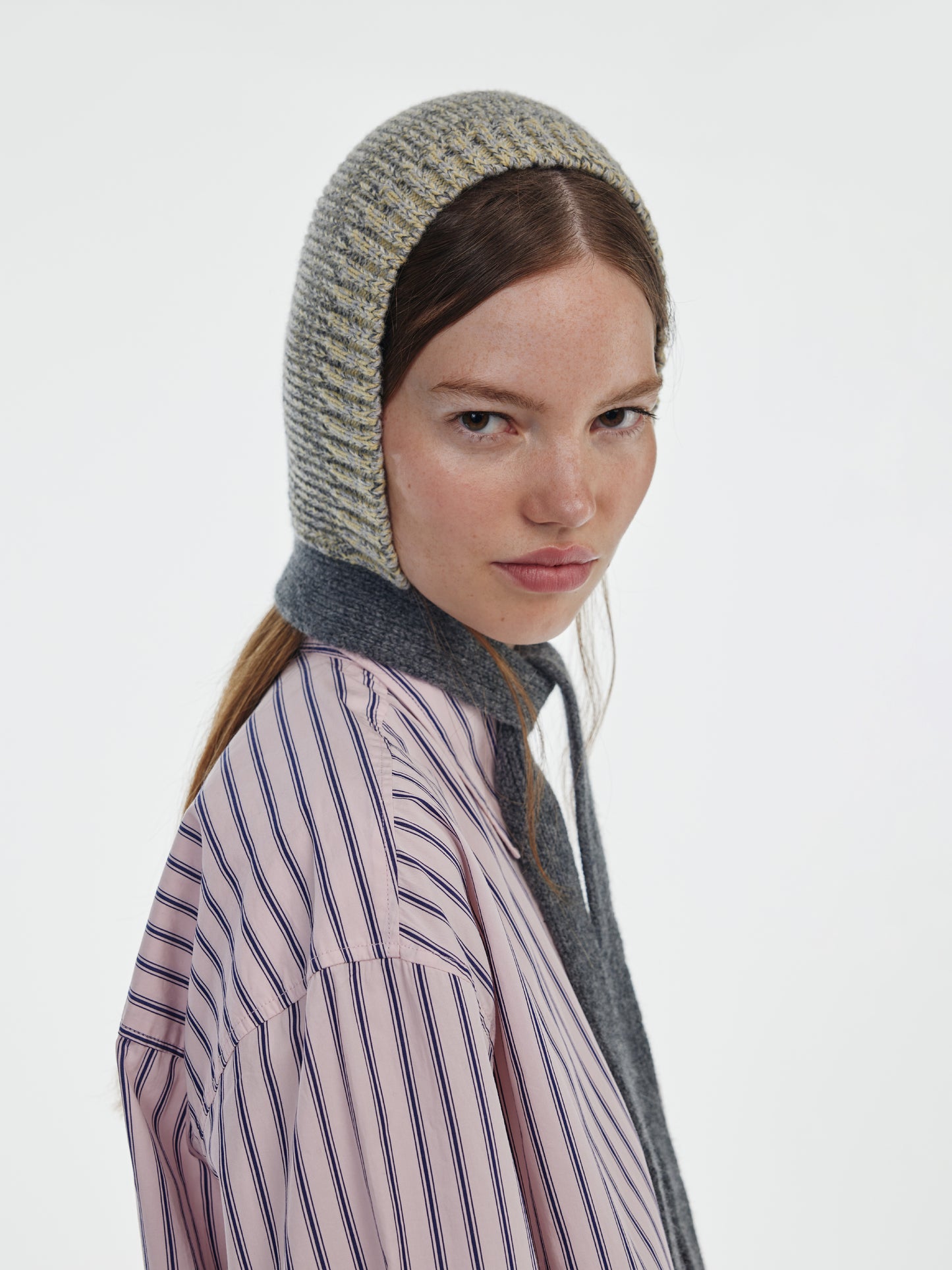 Marl Soft Wool Blocked Tied Hood - Soft Yellow/Grey Marl