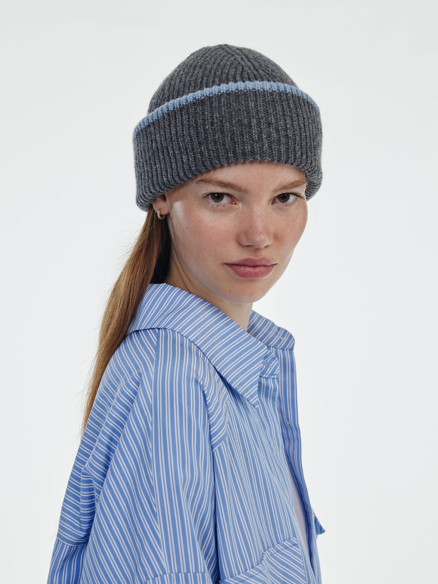 Chunky Soft Wool Beanie Hat - Dark Grey/Soft Blue
