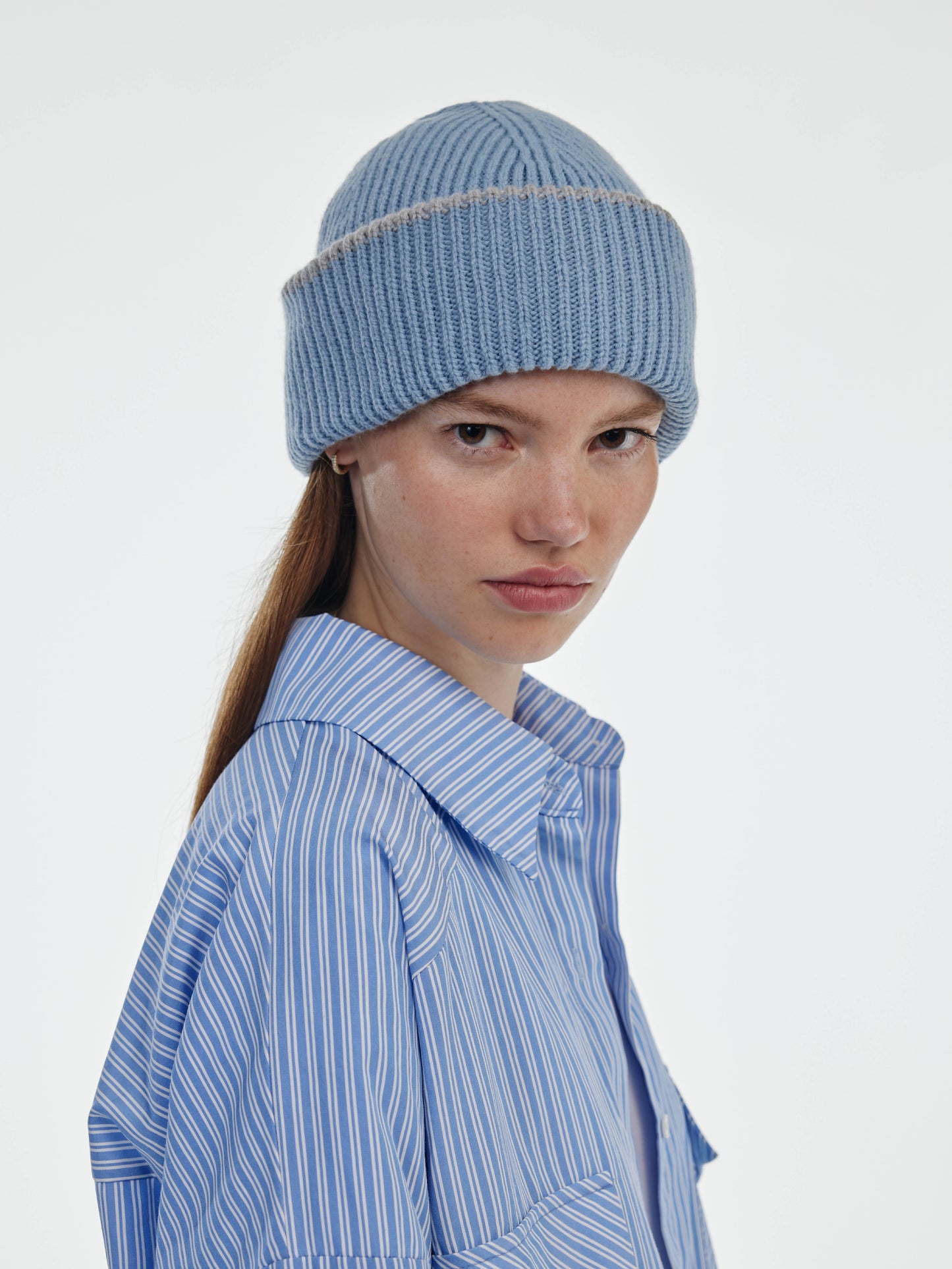 Chunky Soft Wool Beanie Hat - Soft Blue/Light Grey