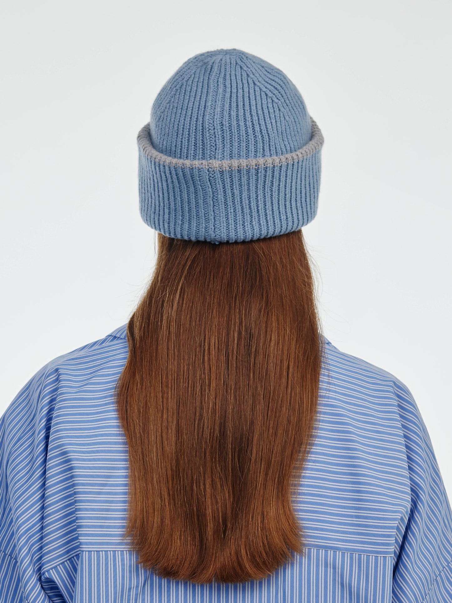 Chunky Soft Wool Beanie Hat - Soft Blue/Light Grey