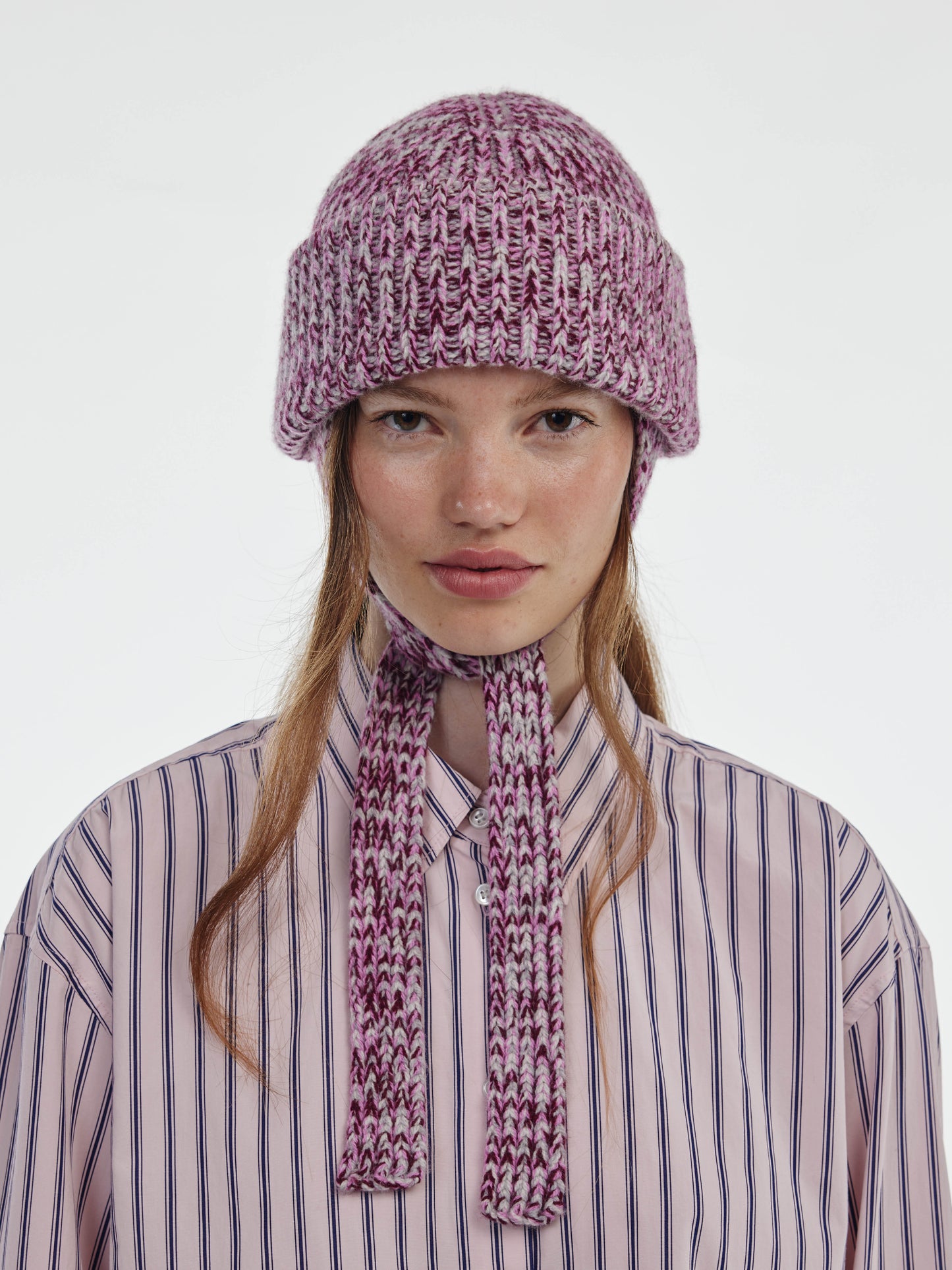 Marl Soft Wool Ear Flap Hat - Burgundy/Pink Marl