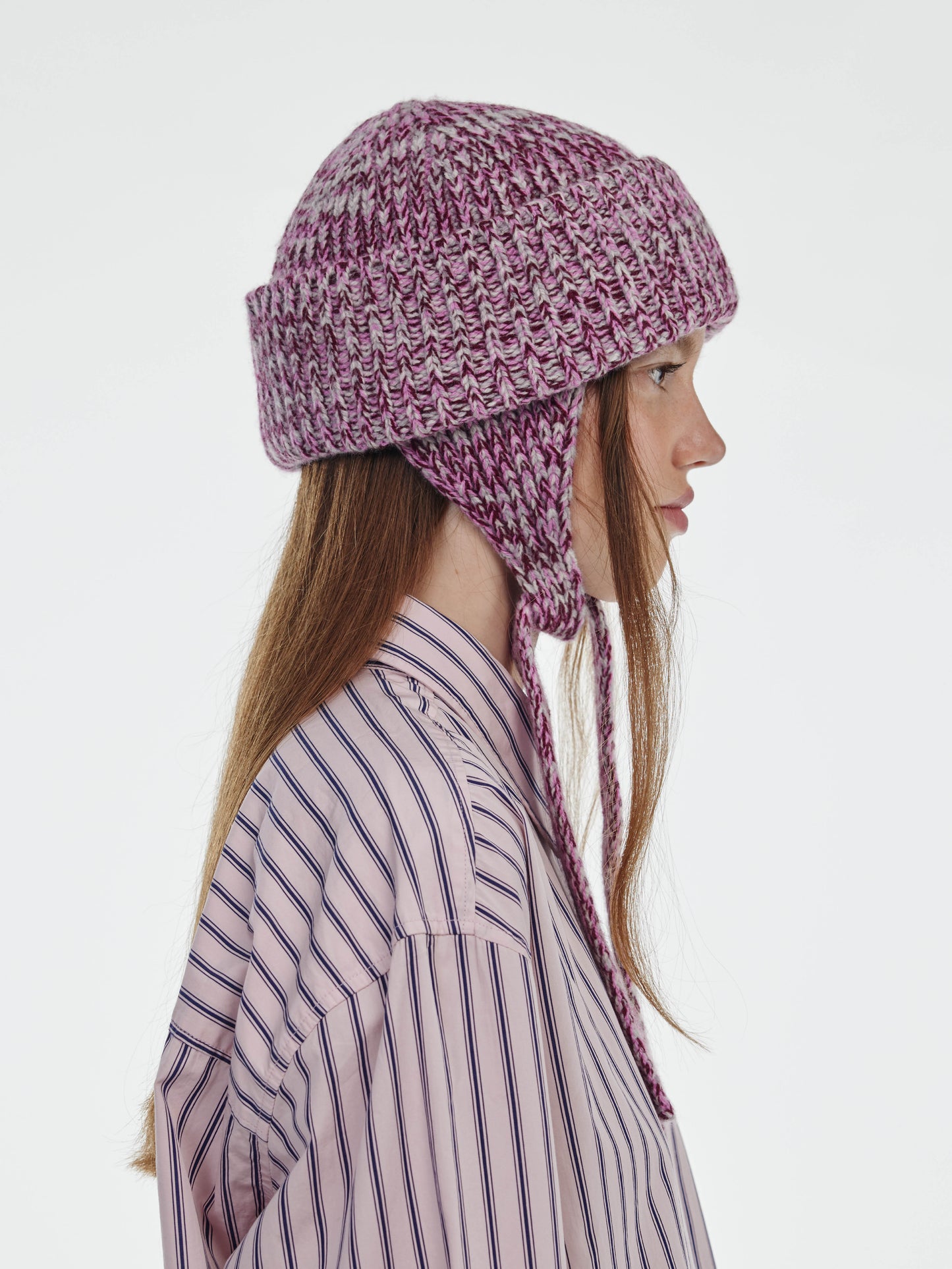 Marl Soft Wool Ear Flap Hat - Burgundy/Pink Marl