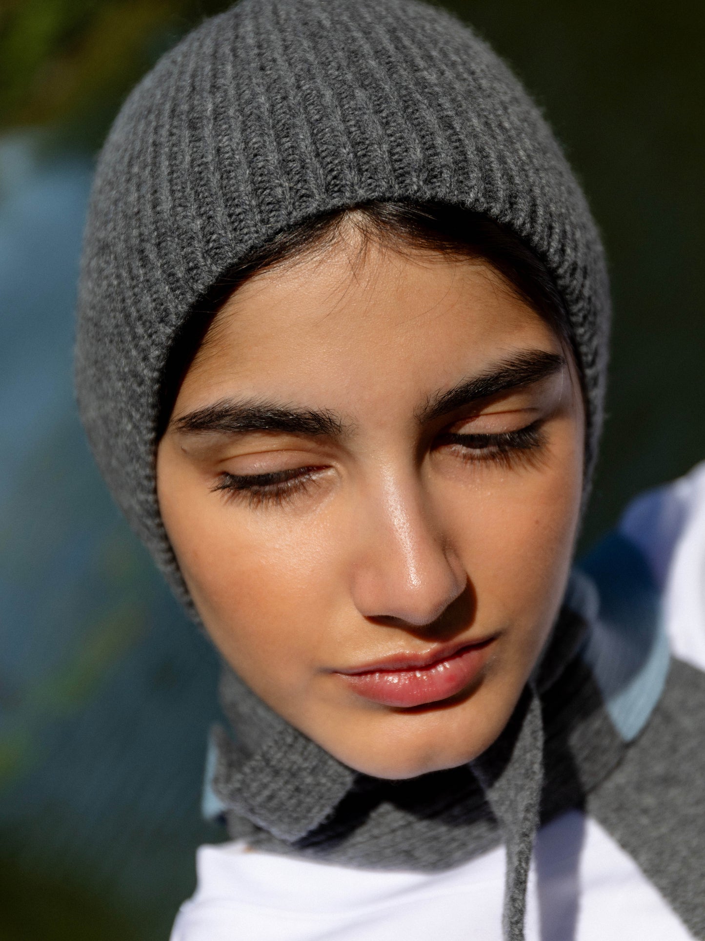 Soft Wool Tied Bonnet Hat - Dark Grey/Soft Blue