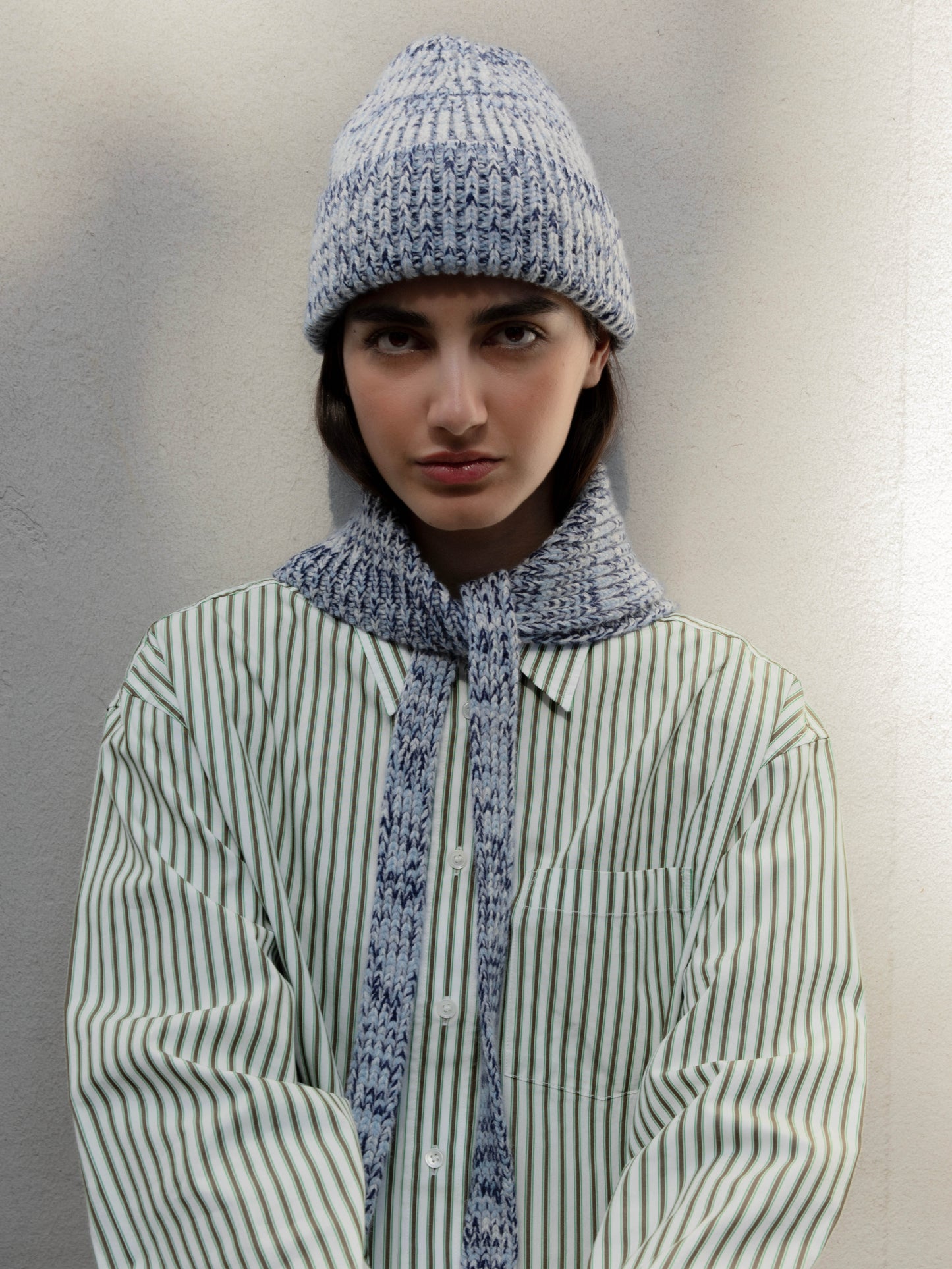 Marl Soft Wool Beanie Hat - Soft Blue/Navy Marl