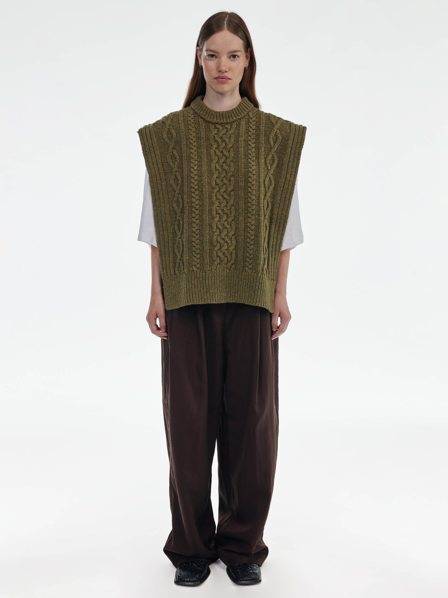 Aran Knit Wool Vest - Olive