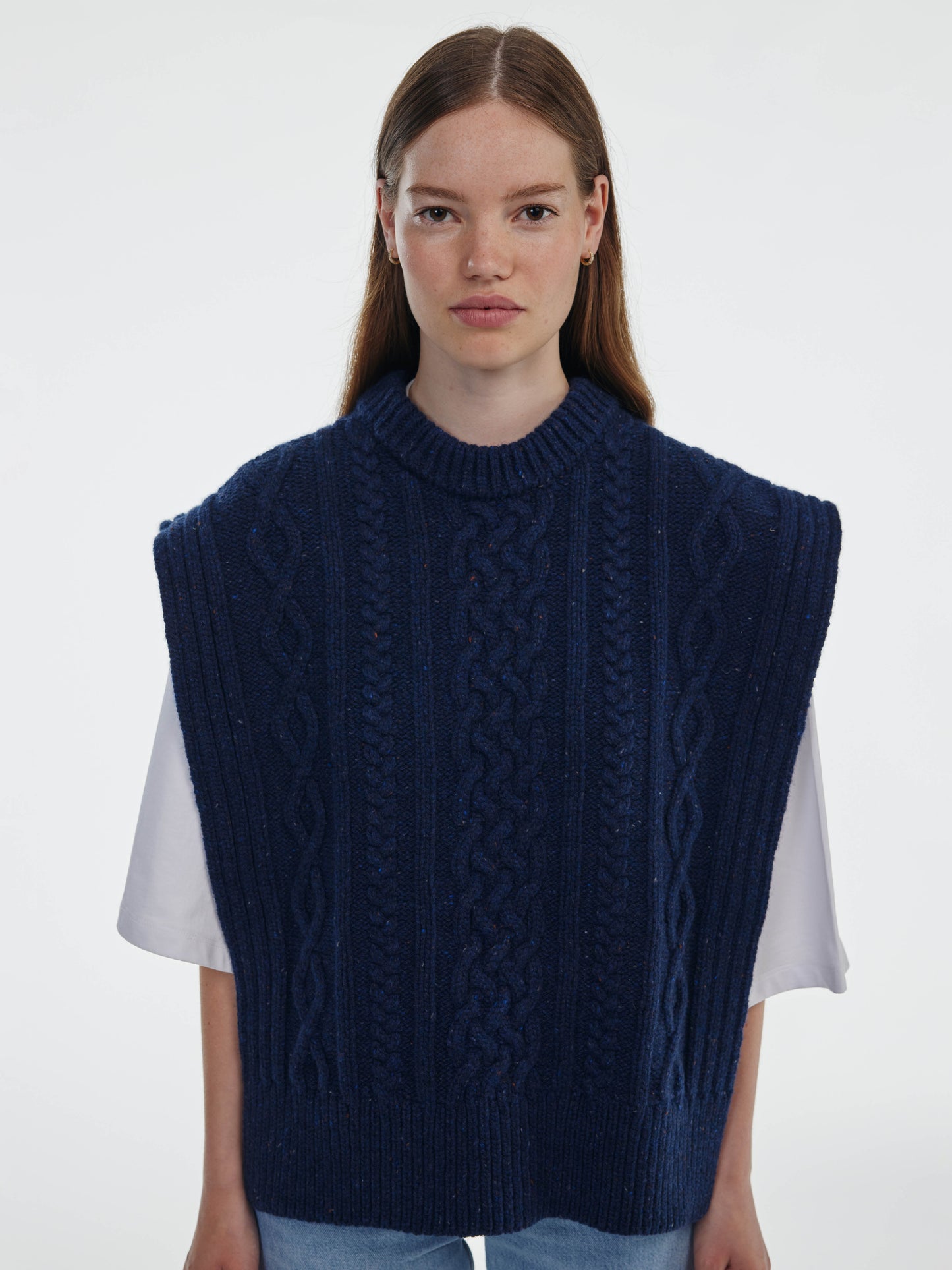 Aran Knit Wool Vest - Navy