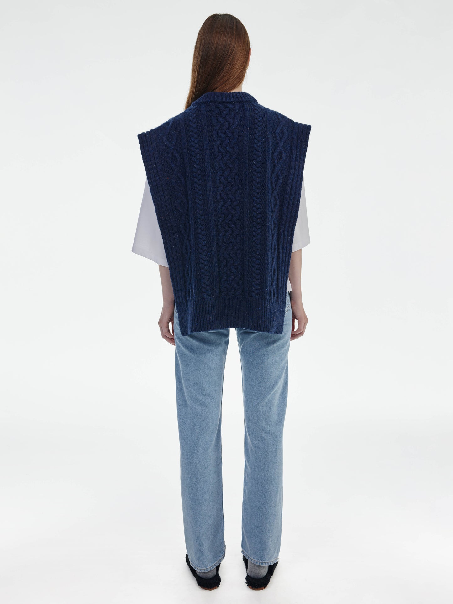 Aran Knit Wool Vest - Navy