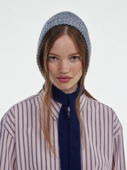 Marl Soft Wool Blocked Tied Hood - Soft Blue/Navy Marl
