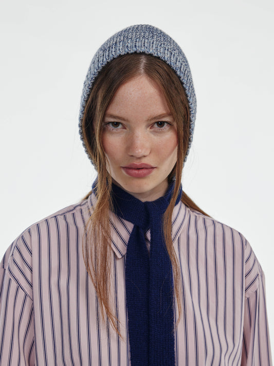 Marl Soft Wool Blocked Tied Hood - Soft Blue/Navy Marl