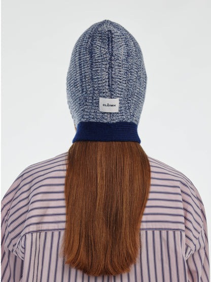 Marl Soft Wool Blocked Tied Hood - Soft Blue/Navy Marl