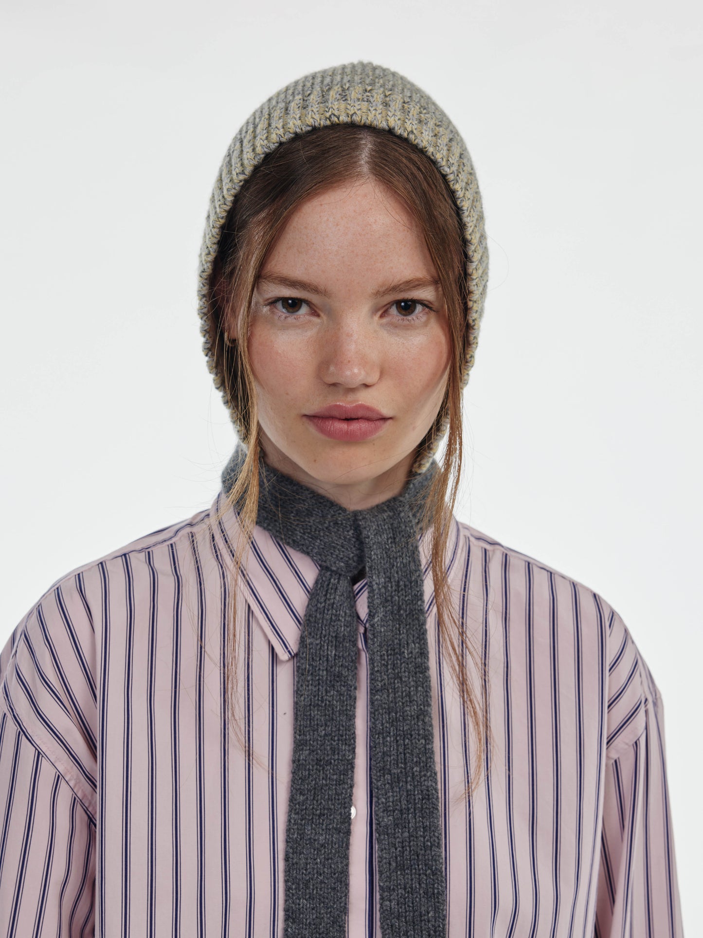 Marl Soft Wool Blocked Tied Hood - Soft Yellow/Grey Marl