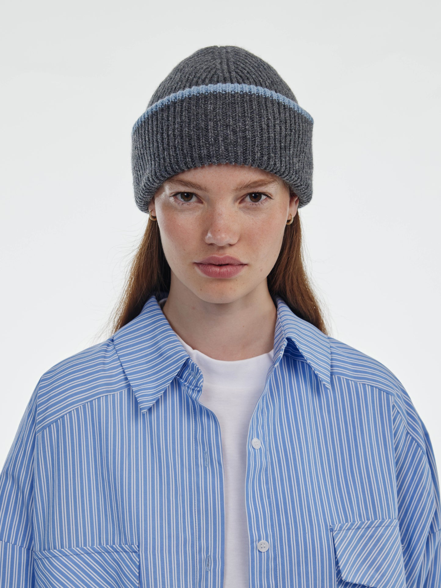 Chunky Soft Wool Beanie Hat - Dark Grey/Soft Blue