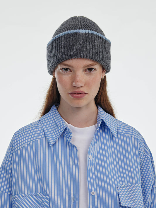 Chunky Soft Wool Beanie Hat - Dark Grey/Soft Blue