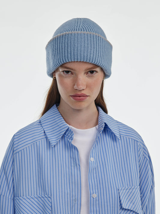 Chunky Soft Wool Beanie Hat - Soft Blue/Light Grey