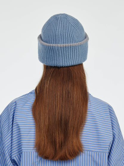 Chunky Soft Wool Beanie Hat - Soft Blue/Light Grey