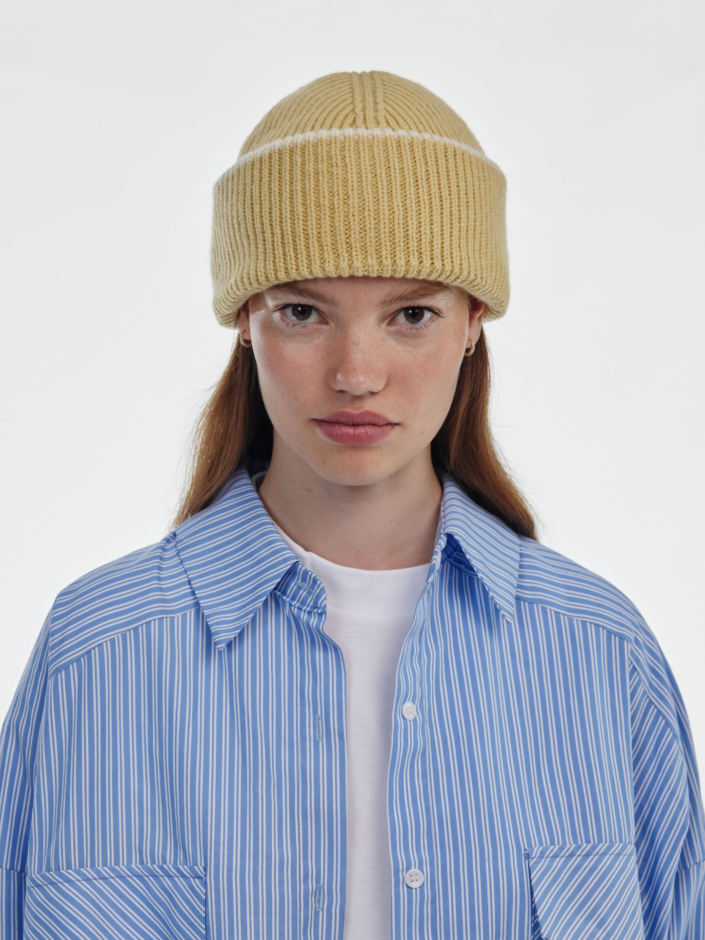 Chunky Soft Wool Beanie Hat - Soft Yellow/Ecru