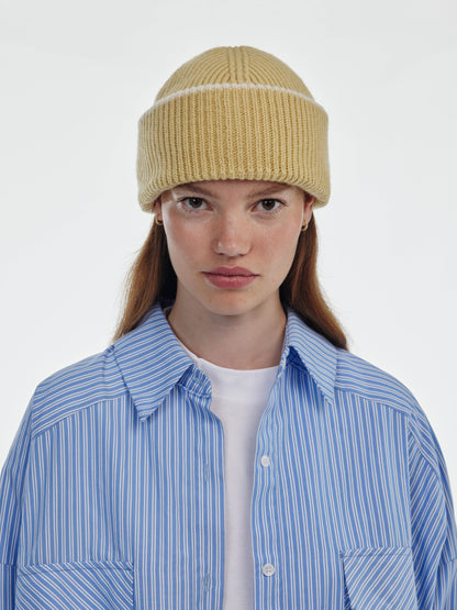 Chunky Soft Wool Beanie Hat - Soft Yellow/Ecru