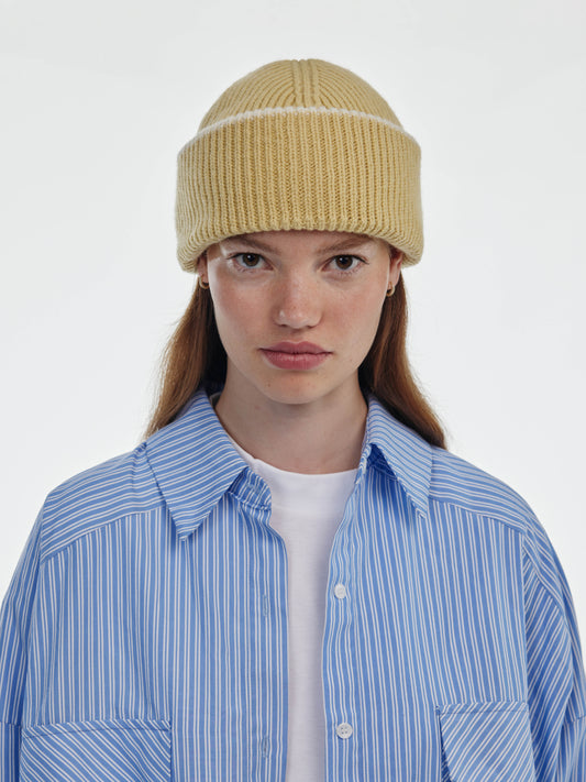 Chunky Soft Wool Beanie Hat - Soft Yellow/Ecru