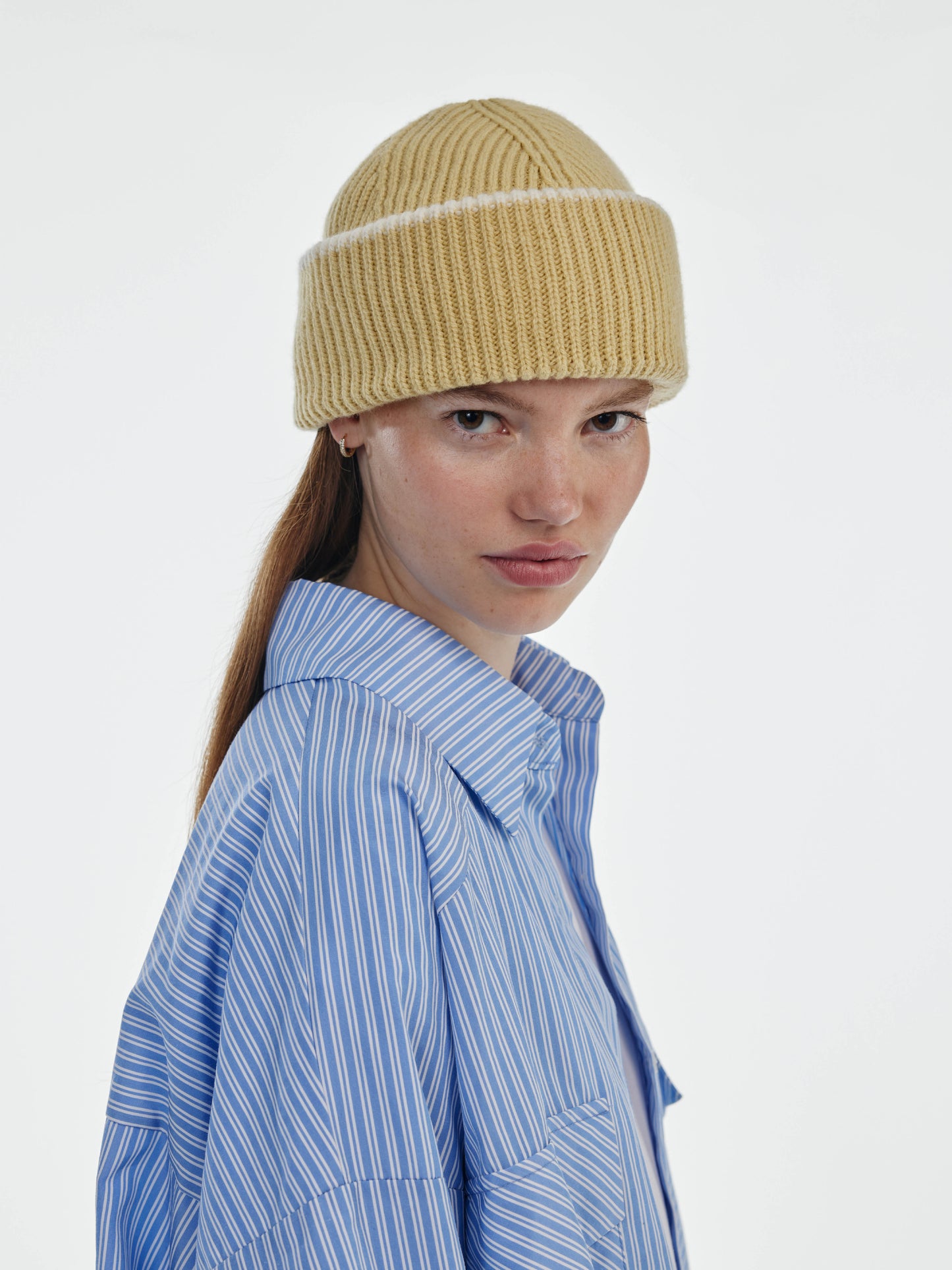 Chunky Soft Wool Beanie Hat - Soft Yellow/Ecru