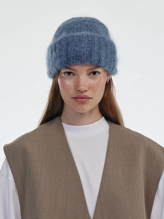 Brushed Mohair-Wool Beanie Hat - Soft Blue-Grey
