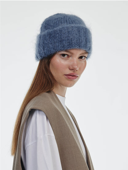 Brushed Mohair-Wool Beanie Hat - Soft Blue-Grey