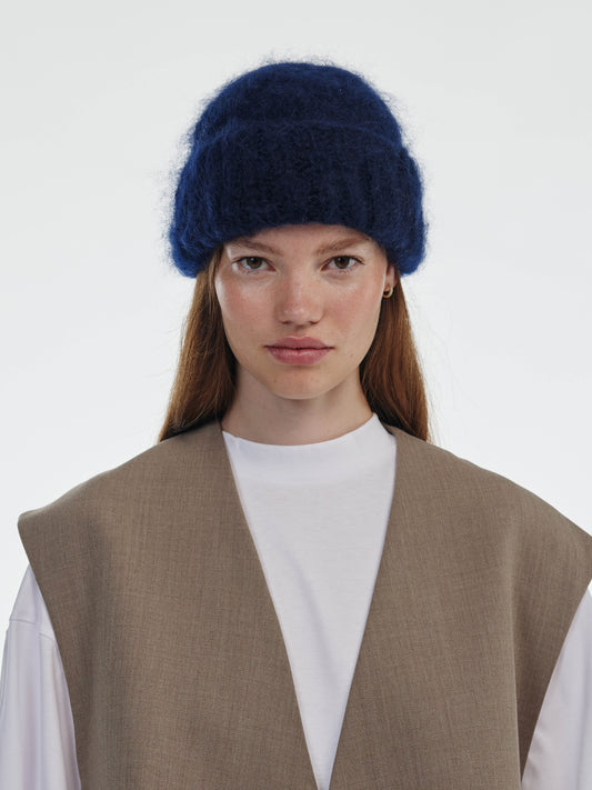 Brushed Mohair-Wool Beanie Hat - Navy