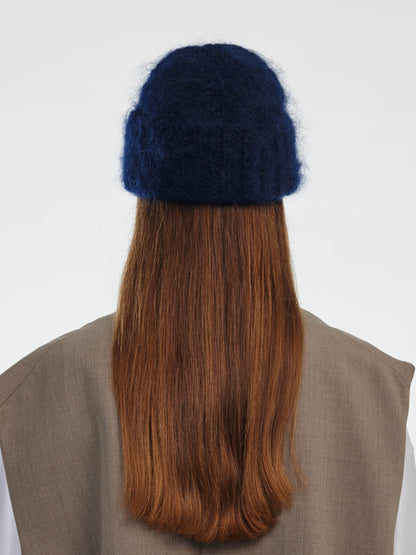 Brushed Mohair-Wool Beanie Hat - Navy