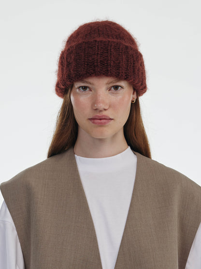 Brushed Mohair-Wool Beanie Hat - Brown