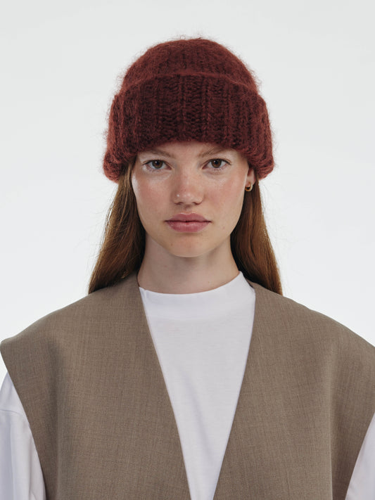 Brushed Mohair-Wool Beanie Hat - Brown