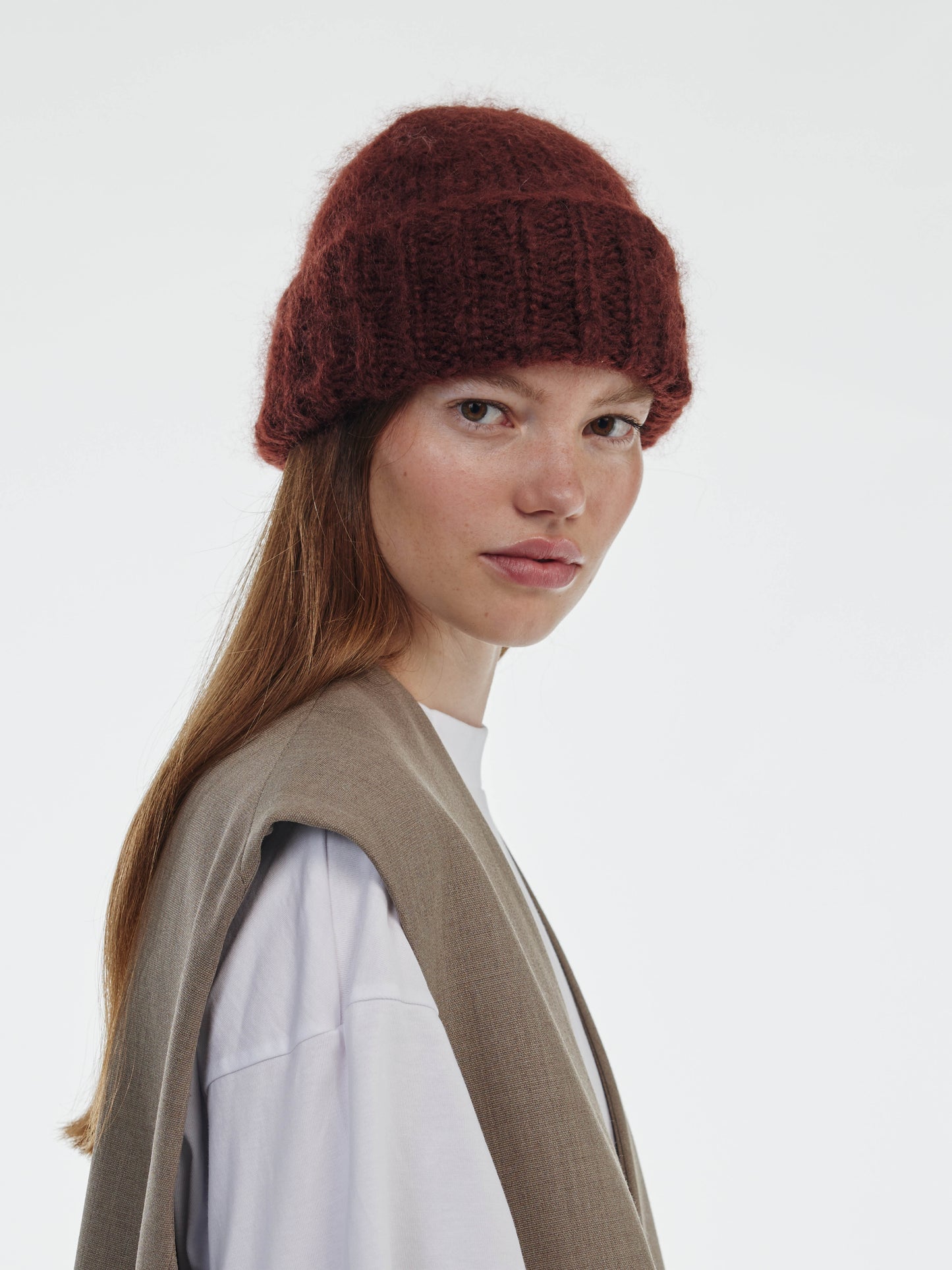 Brushed Mohair-Wool Beanie Hat - Brown