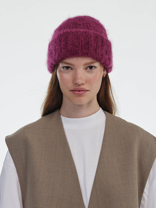 Brushed Mohair-Wool Beanie Hat - Burgundy