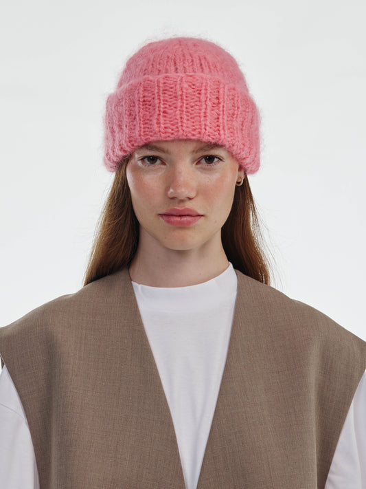 Brushed Mohair-Wool Beanie Hat - Rose