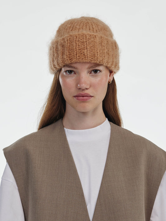 Brushed Mohair-Wool Beanie Hat - Sand
