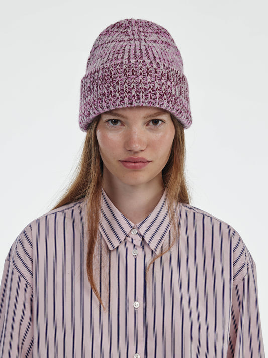 Marl Soft Wool Beanie Hat - Burgundy/Pink Marl