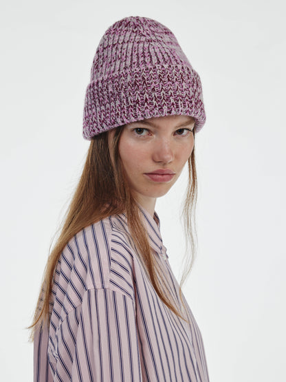 Marl Soft Wool Beanie Hat - Burgundy/Pink Marl