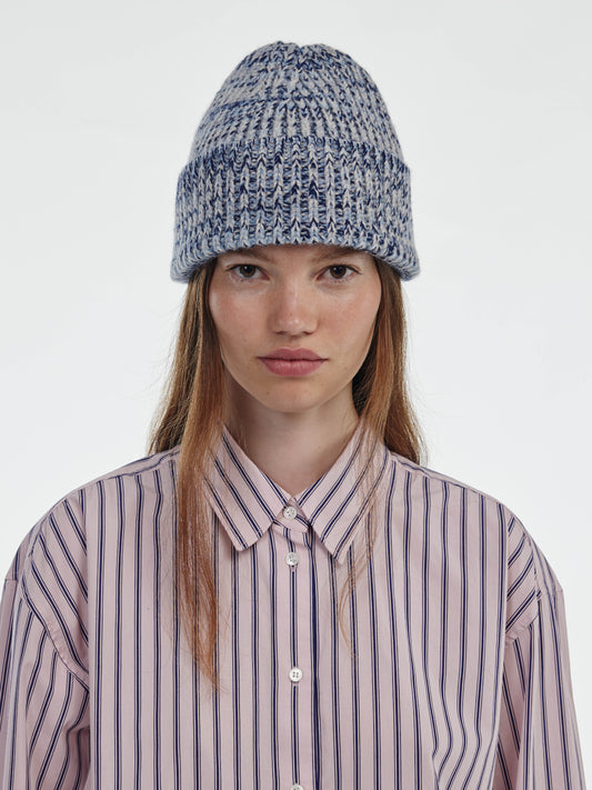 Marl Soft Wool Beanie Hat - Soft Blue/Navy Marl