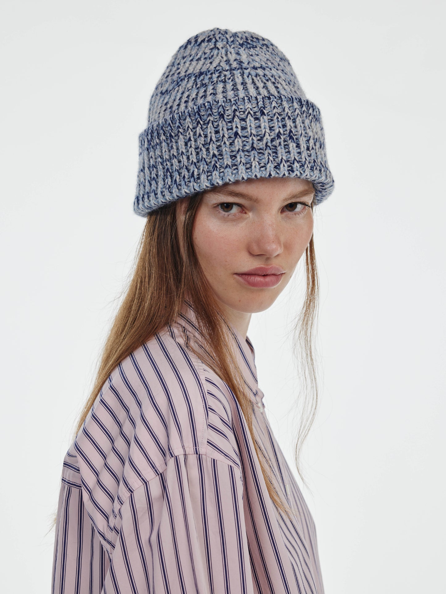 Marl Soft Wool Beanie Hat - Soft Blue/Navy Marl