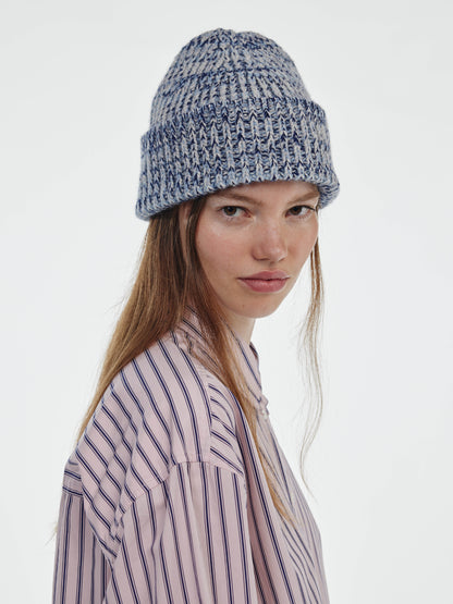 Marl Soft Wool Beanie Hat - Soft Blue/Navy Marl