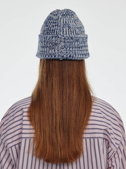 Marl Soft Wool Beanie Hat - Soft Blue/Navy Marl