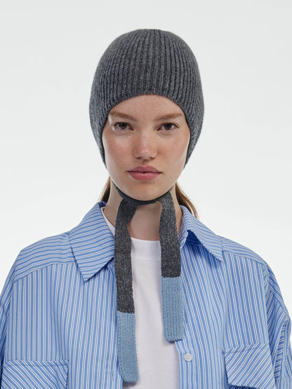 Soft Wool Tied Bonnet Hat - Dark Grey/Soft Blue
