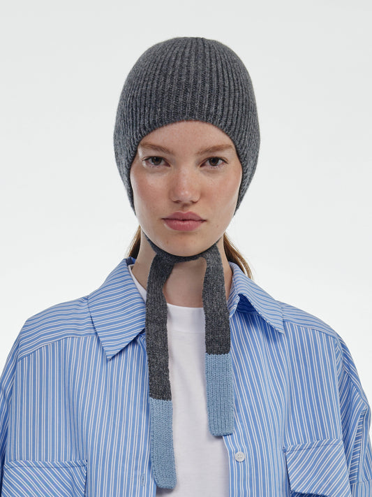 Soft Wool Tied Bonnet Hat - Dark Grey/Soft Blue