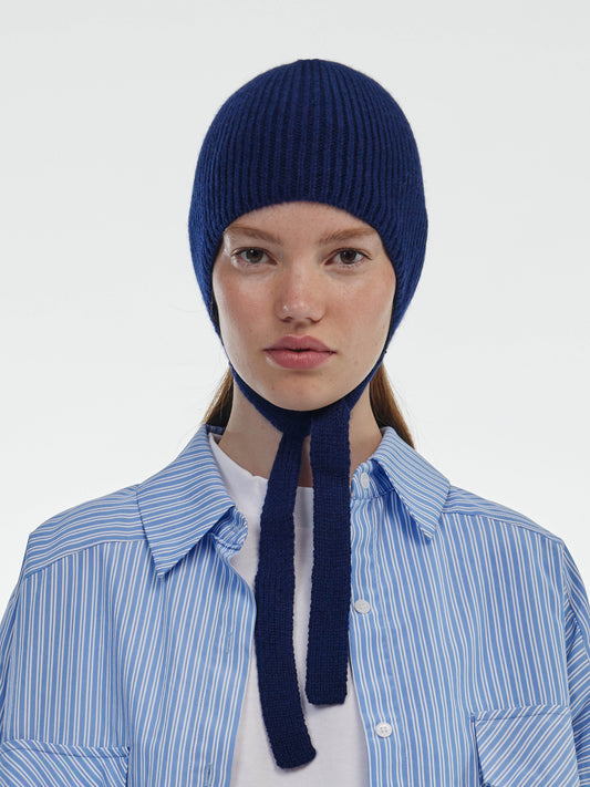 Soft Wool Tied Bonnet Hat - Navy