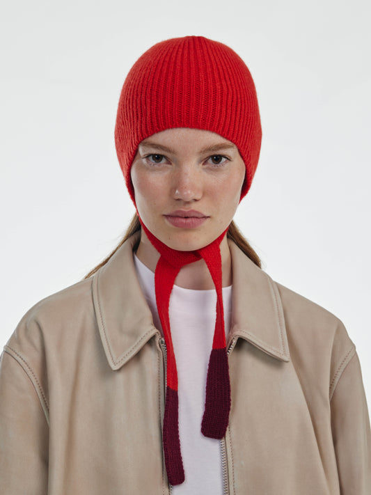 Soft Wool Tied Bonnet Hat - Red/Burgundy