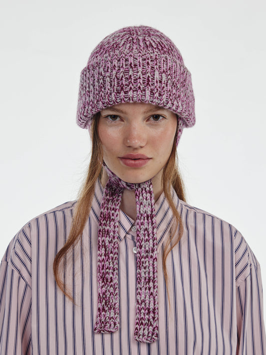 Marl Soft Wool Ear Flap Hat - Burgundy/Pink Marl