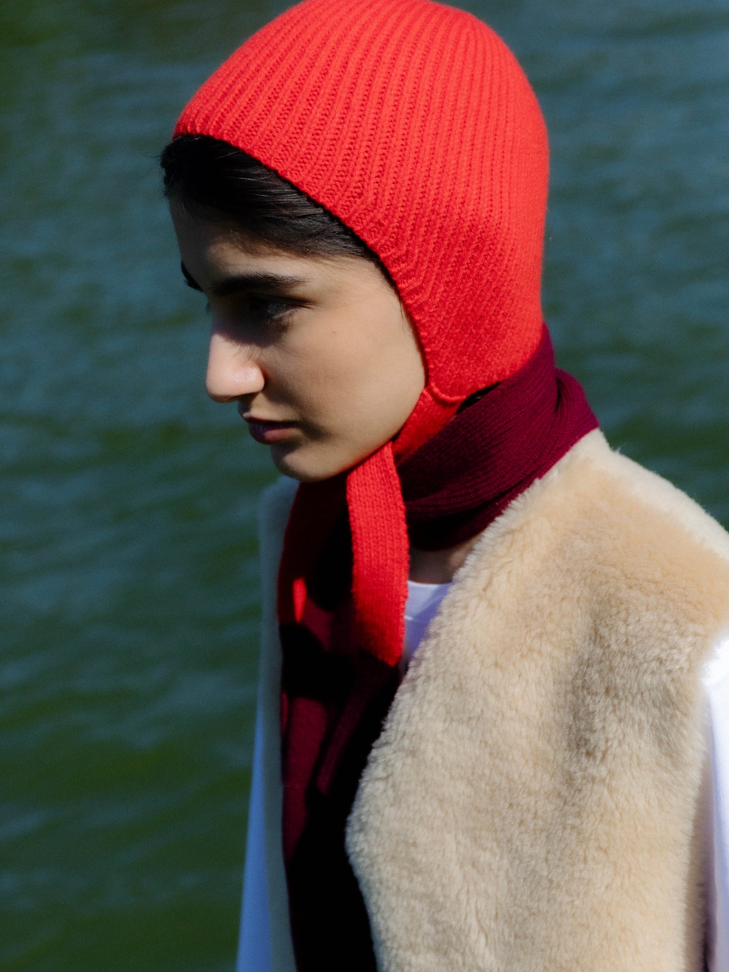 Soft Wool Tied Bonnet Hat - Red/Burgundy