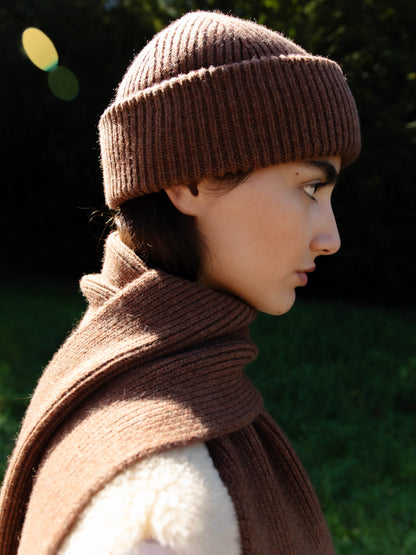 Long Soft Wool Scarf - Hazelnut/Burgundy
