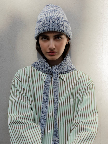 Marl Soft Wool Beanie Hat - Soft Blue/Navy Marl