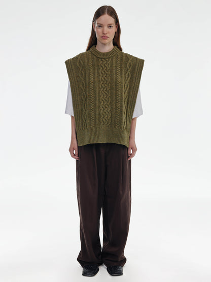Aran Knit Wool Vest - Olive